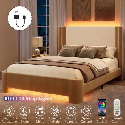 Sibeds Double/King Upholstered LED Bed Frame With Curved Wingback Headboard, Faux Leather Platform Bed, Rounded Corners, Modern Bedroom Furniture, Pu Natural Oak