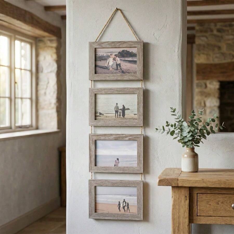 Weathered Wood 4-Slot Hanging Photo Frame Rustic Wall Art Vertical Family Picture Collage Display Equipped With Sturdy Jute Rope - Grey - View 1