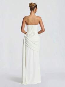 Strapless Draped Neckline Mermaid Floor Length Red Carpet Glam Dress - White - View 4