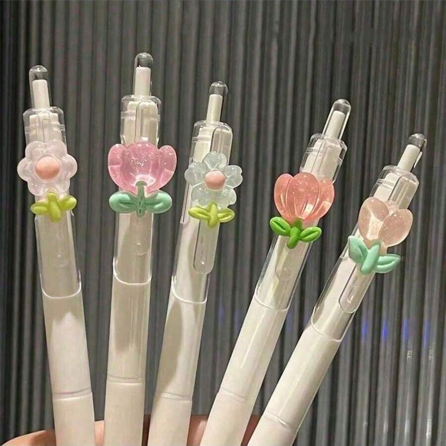5pcs/2pcs/1pc Transparent Gradient Glitter Tulip Flower Retractable Neutral Ink Pens, Milk White Segmented Barrel With Transparent Clip, 3D Soft Rubber Flower Accessory On Clip, Includes Glitter Tulip And Transparent Flower Designs, Macaron Light Pink And Transparent White Fresh Color Scheme, Retractable Nib Design No Cap Needed, Lightweight Smooth Body, Black Ink For Fluid Quick-Drying Smudge-Free Writing