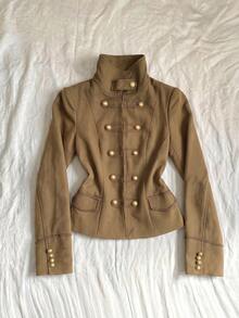 Napoleon Style Stand Collar Blazer, Slim Fit Jacket With Gold Decorative Buttons - Brown - View 11