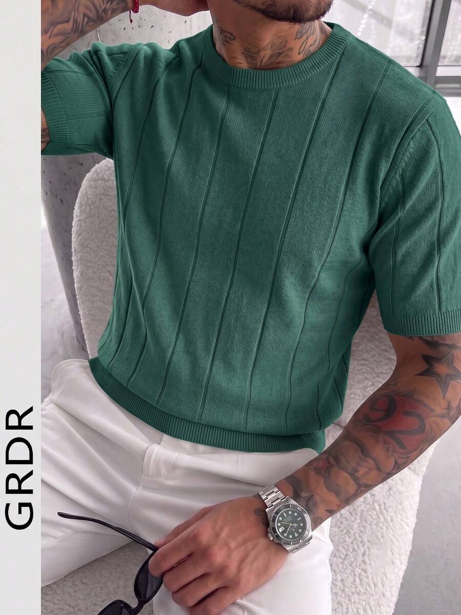 Suéter de punto fino acanalado de cuello redondo, manga corta, holgado para hombre, primavera/verano