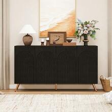 Mid-Century Design Sideboard, Black Hallway Cabinet With 3D Grooves And Arched Doors, Engineered Wood, Adjustable Shelves, Gold-Colored Metal Feet - Black - View 11