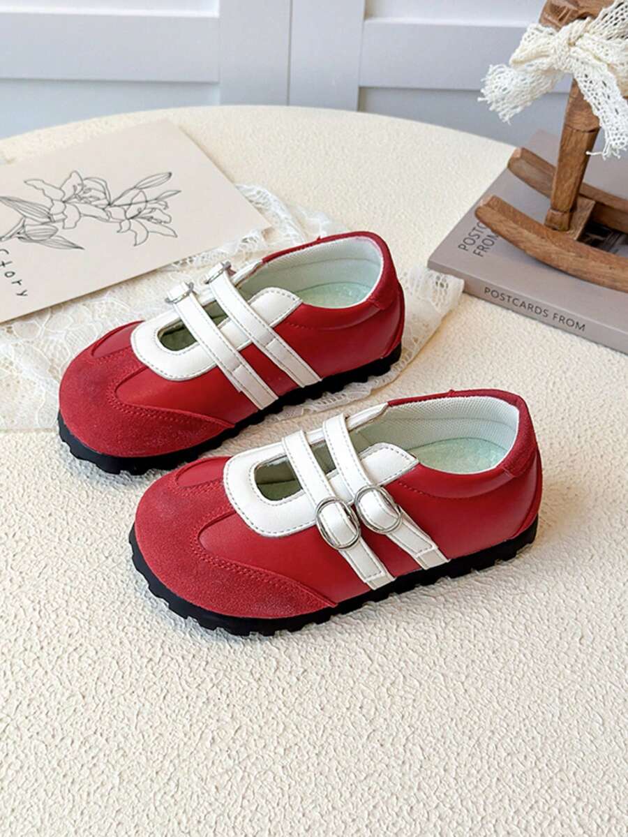 Kids Red White Contrast Double Buckle Non‑Slip Soft Sole Casual Flat Shoes - Red - View 1
