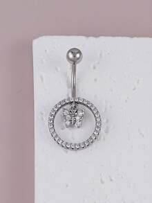 1pc Inlaid Artificial Zirconia Butterfly Pendant Sexy Belly Ring, Suitable For Women's Daily Wear, Dating And Party Matching - Silver - View 3