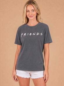 Kaos Wanita Lengan Pendek Longgar Dua Sisi Motif Acara TV Warna Abu-abu Gelap, Kasual - Grey - View 4
