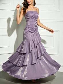 Vestido de Festa Elegante Feminino para Formatura com Babados em Camadas, Estilo Vintage, Ajuste Slim, Alças Finas, Vestido de Gala para Convidada de Casamento e Festa Formal - Lavanda - Visão 4