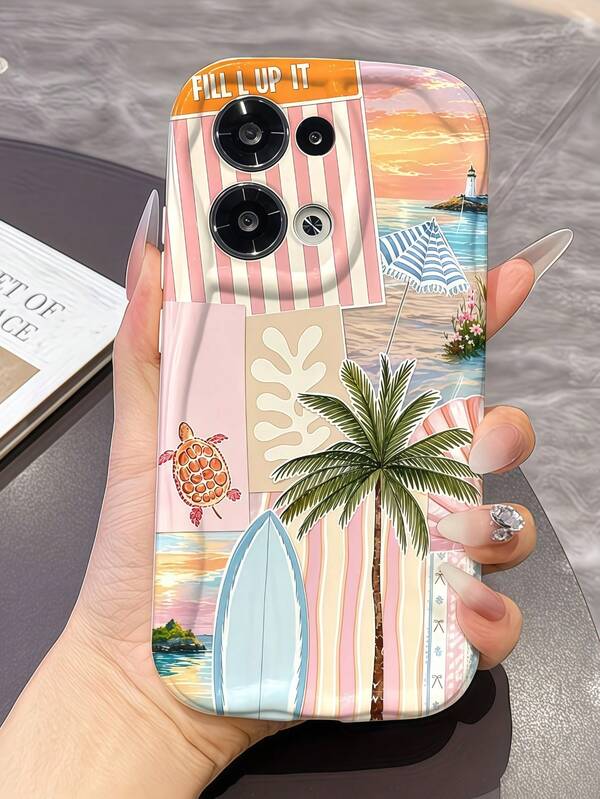 1pc Cream Dopamine Wave Ruffle Soft TPU Texture Cute Summer Coconut Tree Beach Pattern Phone Case Compatible With Galaxy S21 S22 S23 S24 S25 S26/Honor/ And Other Models