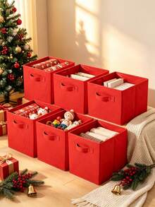 Kotak Penyimpanan Dekorasi Natal 6PCS/3PCS/2PCS/1PC, Kotak Penyimpanan Bola Dekoratif, Organizer Penyimpanan Kapasitas Besar, Kotak Penyimpanan Rumah, Dapat Digunakan Sebagai Hadiah Santa Claus, Keranjang Penyimpanan Kain Lipat dengan Pegangan, Keranjang Hadiah Cocok untuk Rumah, Kamar Tidur, Kantor - Merah - View 8