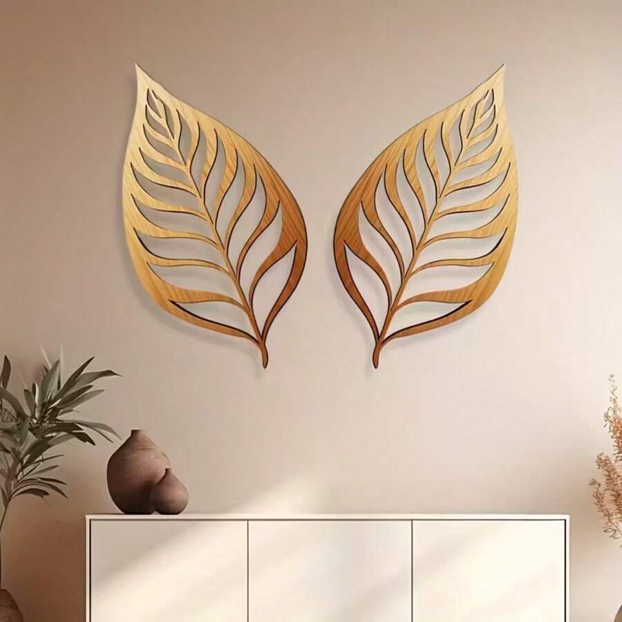 2pcs Handmade Wooden Leaf Wall Decor, Rustic And Elegant Decoration, Suitable For Office Or Home, Perfect Holiday Gift With Plaque And Hanging Ornament - 2pcs - View 1