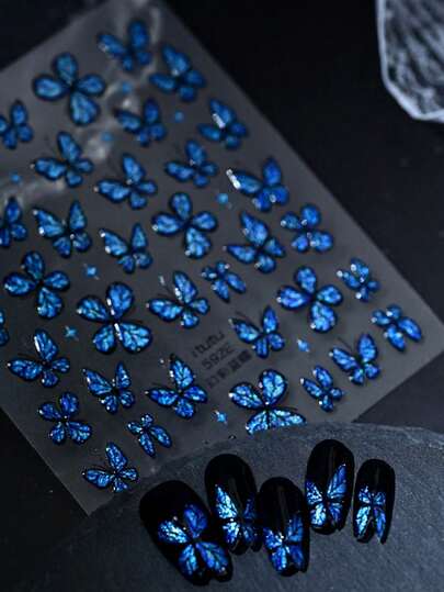 1 pieza Pegatina de uñas 5D láser azul oscuro con mariposa, linda mariposa azul autoadhesiva, deslizador de transferencia, decoración de arte de uñas, calcomanía DIY