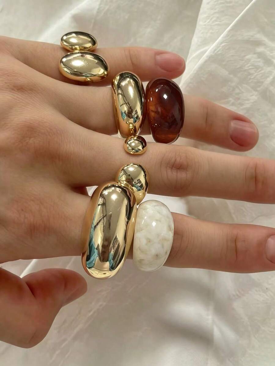 6pcs Exaggerated Chunky Smooth Heavy Metal Resin Ring Set, Stackable, Suitable For Women's Party, Daily Wear, Jewelry