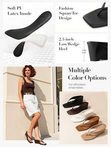 Athlefit Summer Beach Low Wedge Thong Flip Flops Women Square Open Toe Dressy Heeled Sandals - 棕色絨面革 - 查看 7