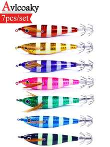 Avlcoaky 7pcs Horizontal Squid Jigs Jigging Baits For Sea Fishing Artificial Squid Hook Saltwater Wood Shrimp Lure - Multicolor - View 1