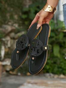 Women's Flat Square Toe Casual Slide Sandals, Summer Beach Vacation Essential, Solid Color Bohemian Beach Holiday Slippers - Black - View 2