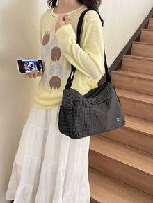 Dedoo Black Plaid Nylon Large Capacity Crossbody Bag With Drawstring, Casual Shoulder Bag, Lightweight Commuter Travel Student Handbag - Black and White - View 5