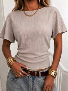 Women's Boat Neck Waist-Cinching Tie-Up Drop Shoulder Flared Sleeve Short Sleeve Blouse, Textured Crinkled Fabric, Casual Streetwear, Daily Commute Elegant Top, Fashionable Outfit - Apricot - View 3