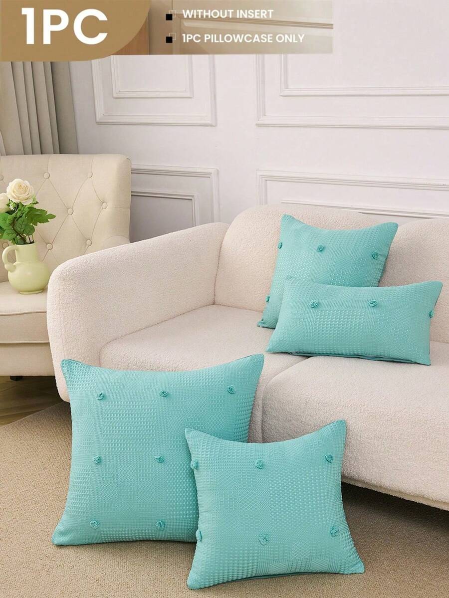 1pc Green Waffle Textured Pom Pom Decorative Pillow Cover (No Insert), Modern Home Decor Pillowcase, Suitable For Sofa, Living Room, Bedroom, Car, Daily Use, High-End Minimalist Design [No Pillow Core] - Green - View 1