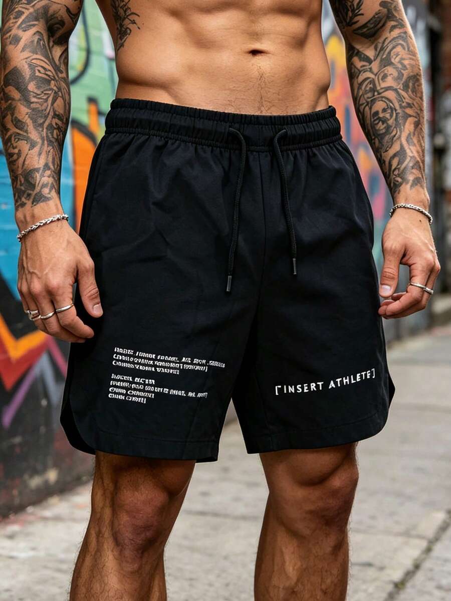 Men's Summer Thin Letter Print Casual Fashion Sports Quick-Dry Shorts - Black - View 1