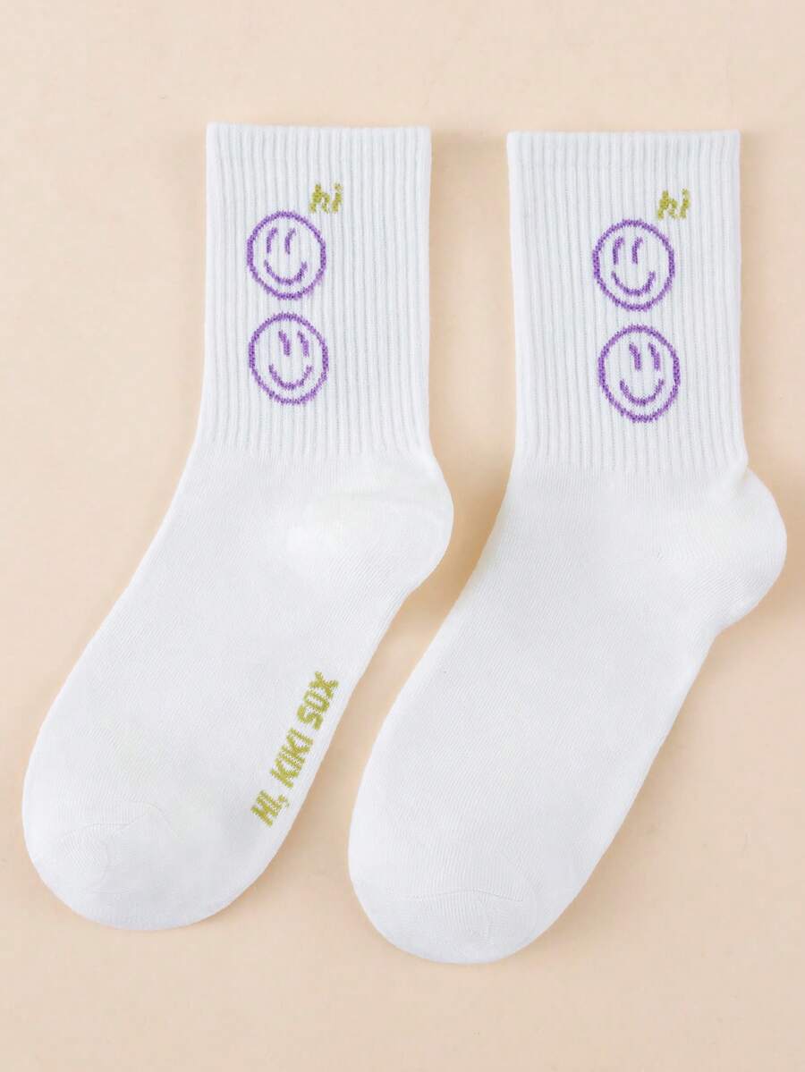 1雙卡通笑臉字母時尚運動舒適透氣中筒襪,男女通用 - 彩色 - 查看 1
