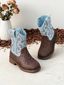 1 Pair Girls Brown Light Blue Two Tone Embroidery Western Ankle Boots, Spring Autumn Kids Footwear - Blue - View 1