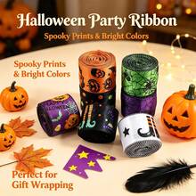1pc 5yd Halloween Pumpkin Gift Ribbon, Spider Print Packaging Ribbon, Suitable For Wreaths, Bows, Autumn Party Decor - Multiple Styles - View 2
