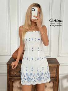 Waist Cinched A-Line Sleeveless Camisole Dress, Coconut Tree & Floral Print, Casual Elegant Mini Dress For Women, Spring/Summer Summer Sexy Dre - Multicolor 6 - View 1