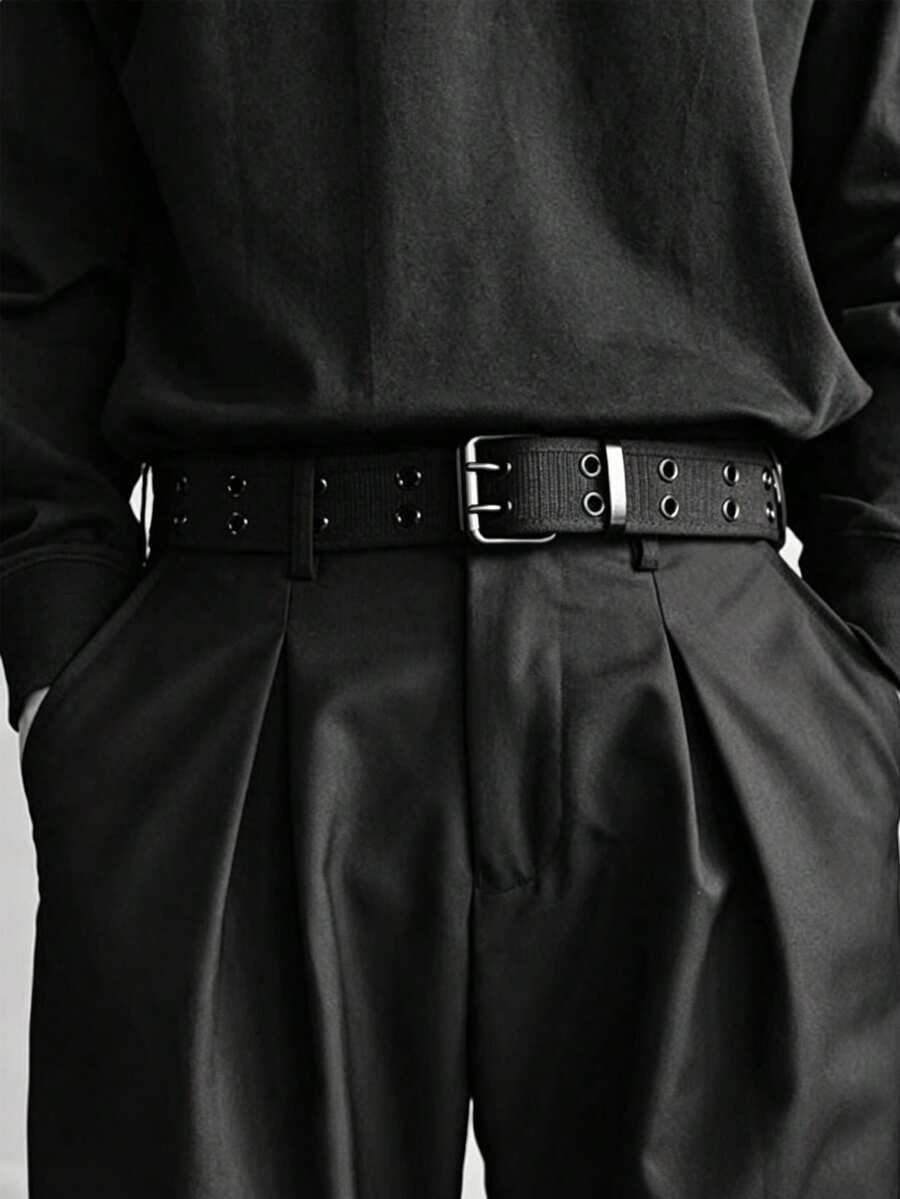 1件男士編織帆布雙扣環休閒時尚戶外腰帶 - 黑色 - 查看 1