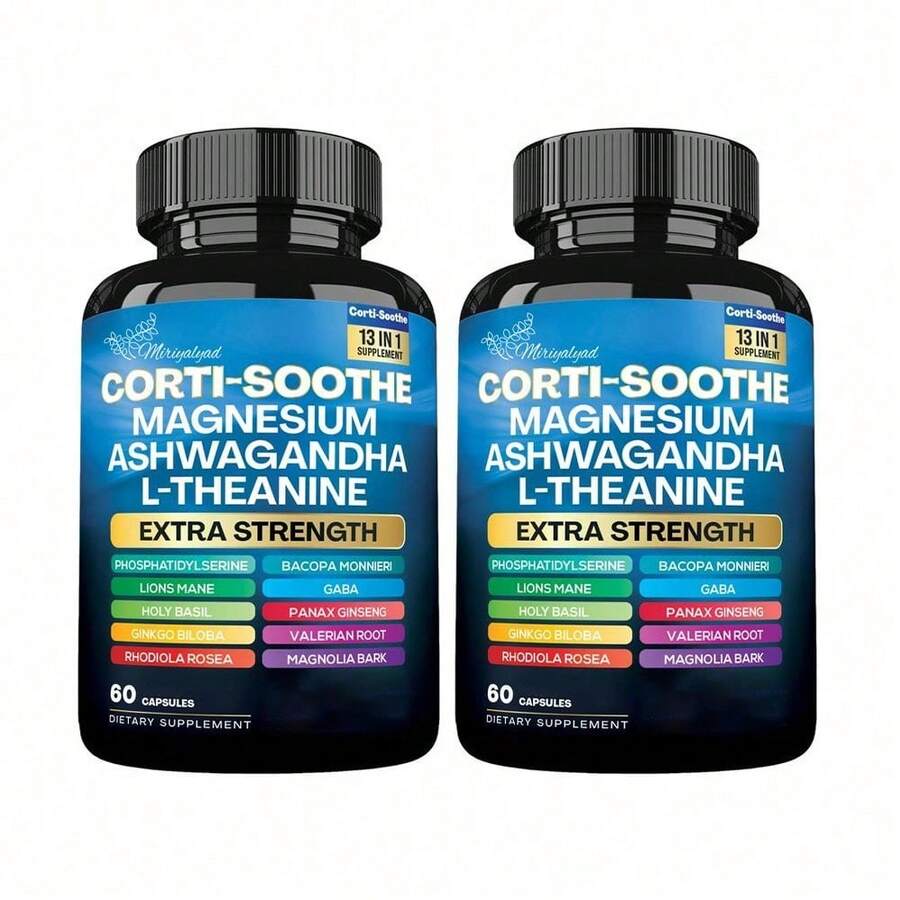 Miriyalyad Corti-Soothe 13 In 1 Supplement Capsules Extra Strength Magnesium Ashwagandha L-Theanine Complex With Lions Mane GABA Rhodiola Ginkgo Biloba Valerian Root 60 Capsules - 2PCS - 查看 1
