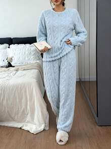 Dreamivo 2pcs/Set Women's Solid Color Plush Thickened Fleece Long Sleeve Long Pants Pajama Set, Simple And Fashionable Sleepwear - Blue - View 3