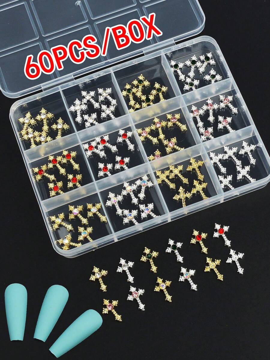 12格 60件組：奢華十字造型美甲飾品混色套裝，經典西式風格，極簡百搭 3D 美甲配件，適合 Y2K 風格美甲，適用於女性與女孩