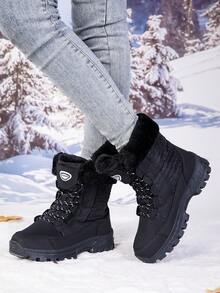 2026 Winter Damen Outdoor Mode Lässig Sport Stiefel, Dicke warme Mittelhohe Schneestiefel mit Patchwork Schnürdesign - Schwarz - Übersicht 1