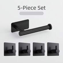 Drill-Free Space-Saving Bathroom Set, Includes Matte Black Toilet Paper Holder And Multi-Functional Waterproof Rust-Proof Wall-Mounted Storage Rack, Suitable For Towels, Bathrobes And Toilet Paper, Ideal For Bathroom And Shower Room,Bedroom Room Decor,Back To School - Black - View 3
