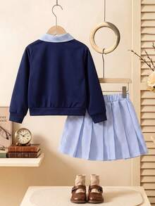 2-teiliges Schuloutfit für Kleine Mädchen, neue Herbstmode, vielseitig, 3D-Blumendekor, 2-in-1 Langarm-Sweatshirt mit Kragen + modischer gestreifter Faltenrock, Vintage-Set, geeignet für Outdoor-Tragen - Königsblau - Übersicht 4