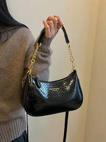 1件女款純色PU肩背包，百搭腋下包，適合上班通勤，可調節肩帶斜跨包 - 黑色 - 查看 2