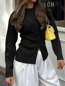 Plus Size Women's Button-Up Long Sleeve Cardigan, Winter Casual Business Jacket, Suitable For Outdoor Wear, Black - Black - View 9