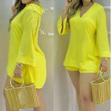 Casual Solid Color Elegant Long Sleeve Top And Shorts 2 Pieces Set For Daily Wear All Seasons - Yellow - View 5
