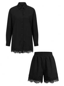 EARO Fashion Women's 2-Piece Black Set, Loose Button-Down Shirt Paired With Elegant Lace Detail Shorts, Non-Stretch Fabric. - Black - View 3