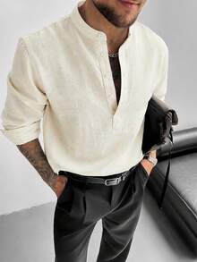 Camisa GloMan para hombre de mezcla de lino blanco con media abertura, manga larga, simple, unisex, para vacaciones de verano, uso diario, ropa casual de oficina, regreso a la escuela, regalo para papá, esposo - Blanco - View 5