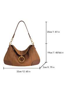 1pc Camel Color Suede Patchwork Shoulder Bag, Niche Design Underarm Bag, Round Pendant Handbag, Fashion Commute Vintage Texture Women's Bag, Daily Casual Clutch - Camel - View 10