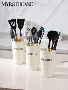 Myrothcane Heat-Resistant Silicone Kitchen Utensil Set With Storage Rack, Wooden Handle Non-Stick Spatula, Soup Spoon, Rice Paddle, Oil Brush, Kitchen Cooking Tools - White - View 4