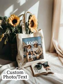 Custom Photo & Text Tote Bag – Personalized, Reusable Shoulder Shopping Bag With Foldable Design (Polyester, Assorted Colors) - Multicolor - View 3
