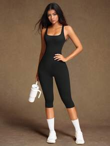 VVX Women's Yoga Capri Jumpsuit Square Neck Backless Tummy Control Butt Lifting, Workout Shorts Romper Seamless Ribbed Sleeveless Unitard For Gym Sports - Black - View 7