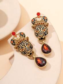 1 Pair Luxury Leopard Head Crown Stud Earrings With Red Teardrop Rhinestones, Vintage Distressed Gold Texture Women's Party Earrings Daily Accessories - Multicolor - View 7