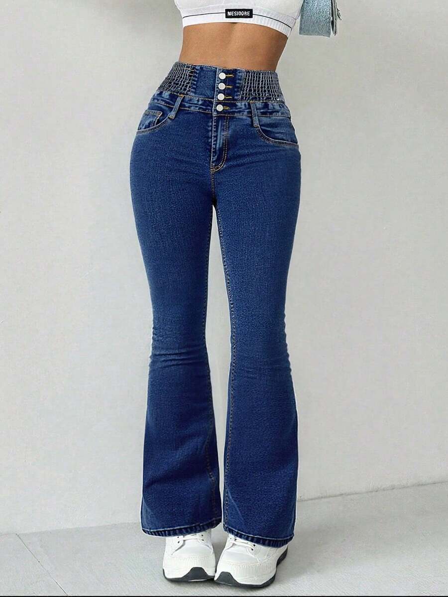 Women's Single-Button Fitted Stretch Denim Flare Leg Pants - Dark Wash - View 1