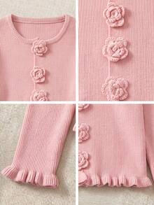 Romantic Pink Round Neck Knit Cardigan 3D Rose Fasteners Ruffle Edge Long Sleeve For Fall Holiday Brunch City Strolls - Pink - View 11
