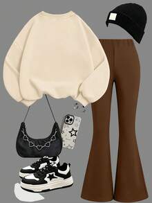 2pcs/Set Girls Outfit, Cute Pearl Milk Tea Cat Print Sweatshirt + Flared Pants, Soft Fabric Casual Streetwear - Apricot - View 3