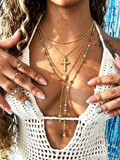 4pcs Vintage Elegant Old Money Style Faux Gemstone Cross Pendant Necklace Set For Women, Suitable For Daily Wear, Vacation, Holiday, Party