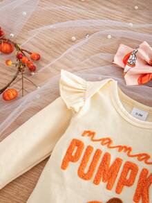 2pcs Baby Girl Cute Long Sleeve Bodysuit, Shorts, Socks And Headband Set, Thin Spring/Autumn - Apricot - View 5