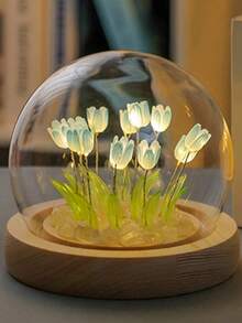Handmade Tulip Night Light Glass Dome Table Lamp Wooden Base Warm Color LED Colorful Light Bedroom Dorm Bedside Decor Gift For Girls Aesthetic Style Room Decoration, Ideal Gift For Valentine's Day, Mother's Day, Birthday Or Best Friend - Multicolor - View 15